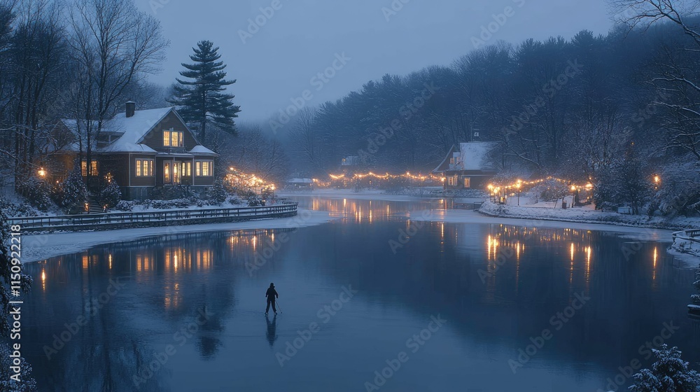 Obraz premium Serene winter evening scene a person ice skating on a frozen lake, surrounded by snow-covered houses with warm lights reflecting on the still water.