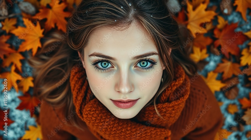 Warm autumn colors, overhead bird’s eye view, young woman with snowflakes on eyelashes, top-down perspective, earthy and cozy aesthetic. Warm autumn colors, overhead bird’s eye view, young woman with snowflakes on eyelashes, top-down perspective, earthy and cozy aesthetic.