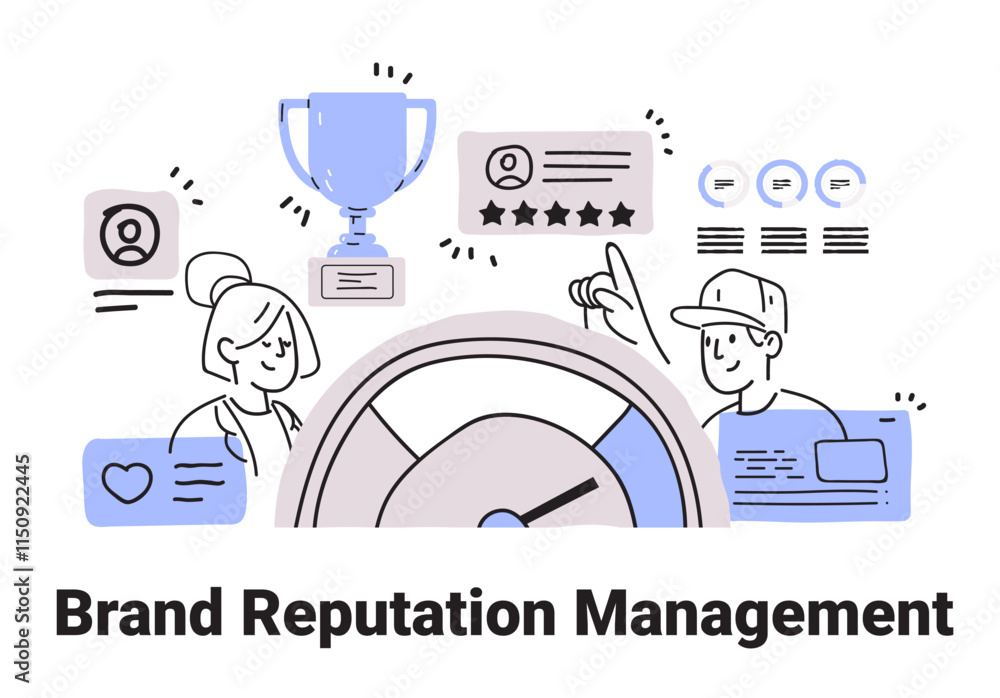 Brand reputation management concept with people trophy stars reviews and gauge minimalist hand drawn Brand reputation management concept with people trophy stars reviews and gauge minimalist hand drawn