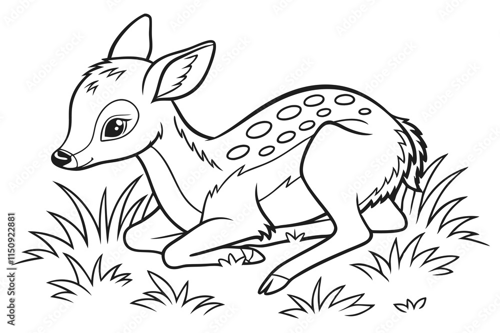 baby deer, coloring book page line art, black and white, white