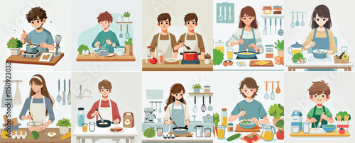 Vector set of a teenager preparing dinner in a simple flat design style