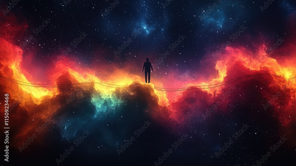 Silhouette of a person standing on a fiery nebula path in space. Silhouette of a person standing on a fiery nebula path in space.
