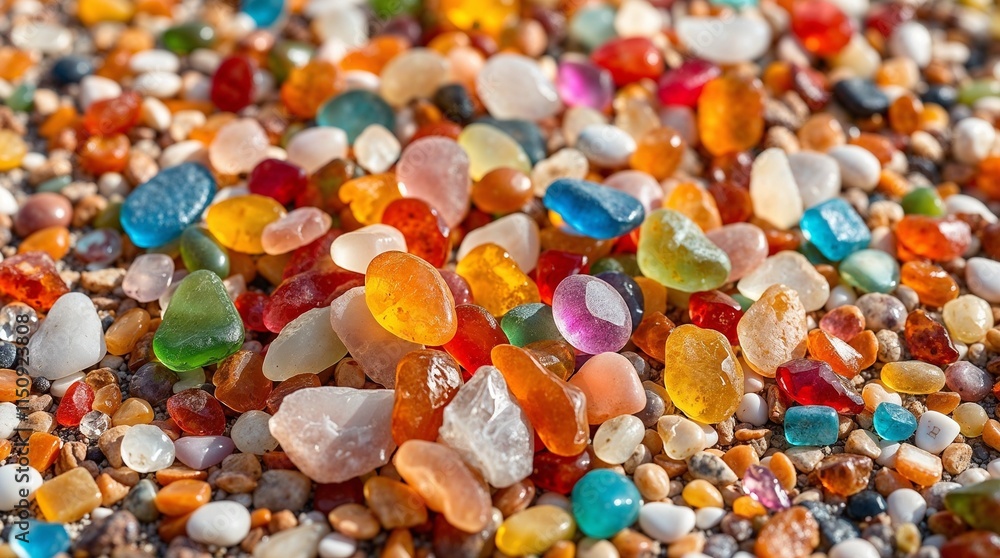 Close-up of multi-colored pebbles on the beach. Selective focus.
