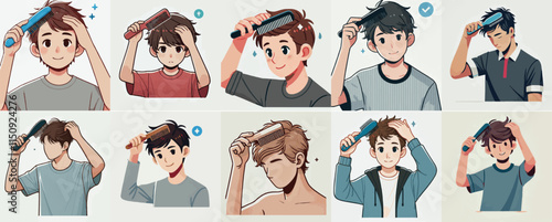 Vector set of a teenager combing his hair in a simple flat design style