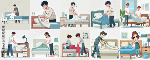 Vector set of a teenager making a bed in a simple flat design style