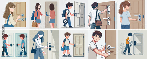 vector set of a teenager locking the door of the house with a simple flat design style