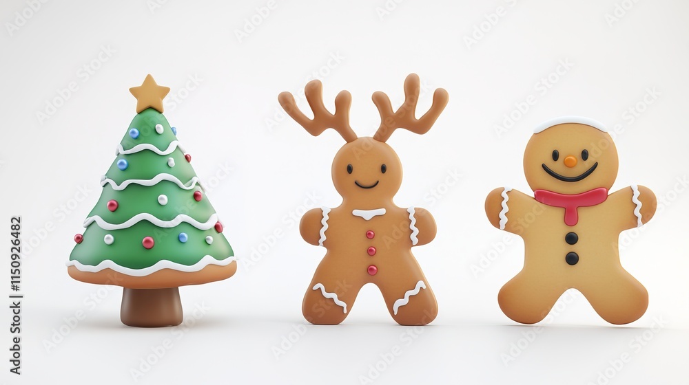 Playful 3D Cartoon Christmas Scene Featuring a Reindeer, Christmas Tree, and Large Gingerbread Cookie for Kids, Capturing Festive Spirit and Whimsical Holiday Charm on a White Background. Playful 3D Cartoon Christmas Scene Featuring a Reindeer, Christmas Tree, and Large Gingerbread Cookie for Kids, Capturing Festive Spirit and Whimsical Holiday Charm on a White Background.