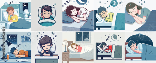 vector set of a teenager sleeping at night with a simple flat design style