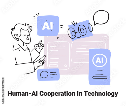 Human-AI interaction technology cooperation concept sketch style. A person interacts with AI elements and icons in a digital interface. Website design template