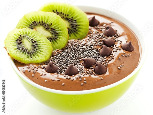 A vibrant bowl of chocolate mousse topped with kiwi slices and chia seeds.