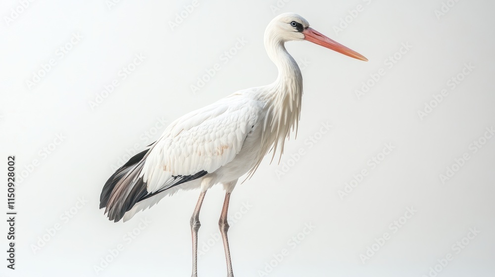 Elegant white stork standing against a bright background, showcasing its long neck, beak, and black wingtips. Elegant white stork standing against a bright background, showcasing its long neck, beak, and black wingtips.