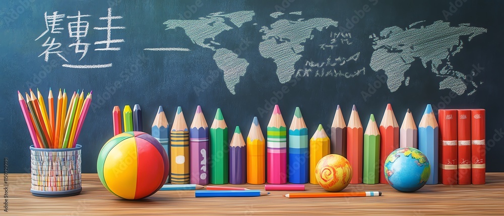 School desk with primary education supplies like pencils, colored pencils, a world ball, and books, with a faint blackboard in the background School desk with primary education supplies like pencils, colored pencils, a world ball, and books, with a faint blackboard in the background