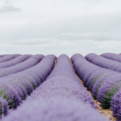 Serene Lavender Fields Under Soft Cloudy Sky in Sunlit Atmosphere