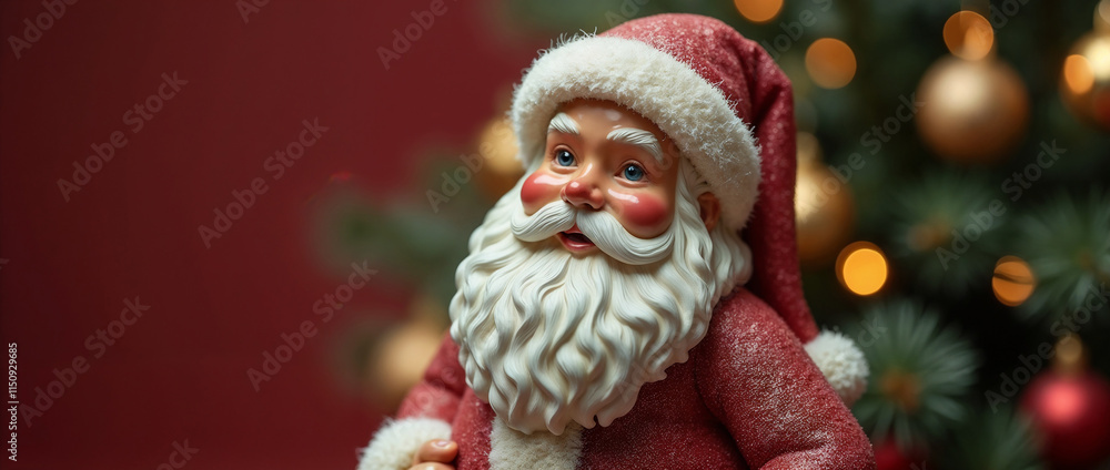 Festive Santa Claus Decoration Standing Before Illuminated Christmas Tree Holiday Background Festive Santa Claus Decoration Standing Before Illuminated Christmas Tree Holiday Background