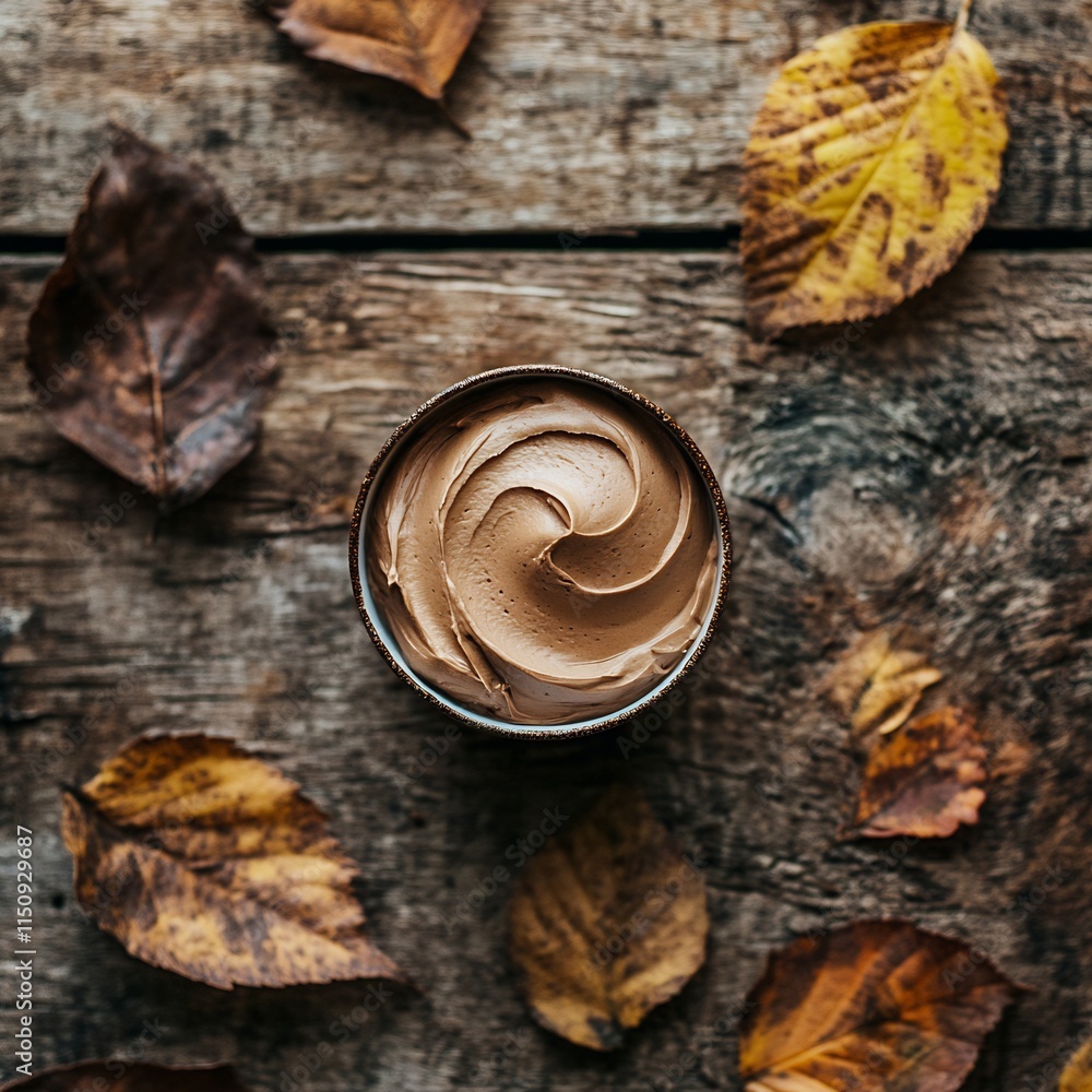 Autumnal Chocolate Cream Delight: A Bowl of Rich, Swirled Chocolate Cream Nestled Amongst Fallen Autumn Leaves on Rustic Wooden Background Autumnal Chocolate Cream Delight: A Bowl of Rich, Swirled Chocolate Cream Nestled Amongst Fallen Autumn Leaves on Rustic Wooden Background