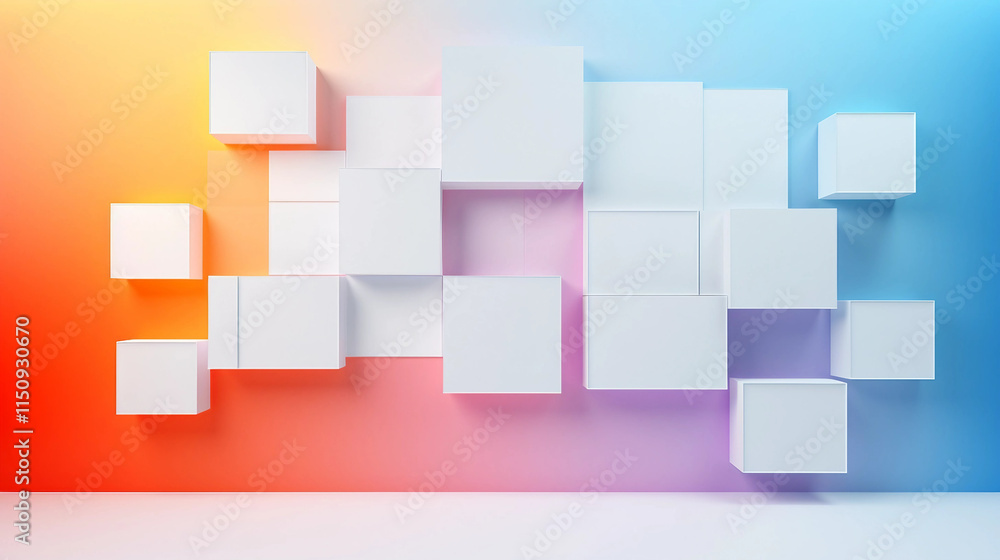Obraz premium Futuristic Art Floating White Rectangular Shapes on Colorful Gradient Wall