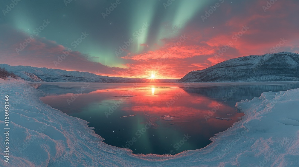 Naklejka premium Stunning aurora borealis over a frozen lake at sunset, reflecting vibrant colors in the still water.