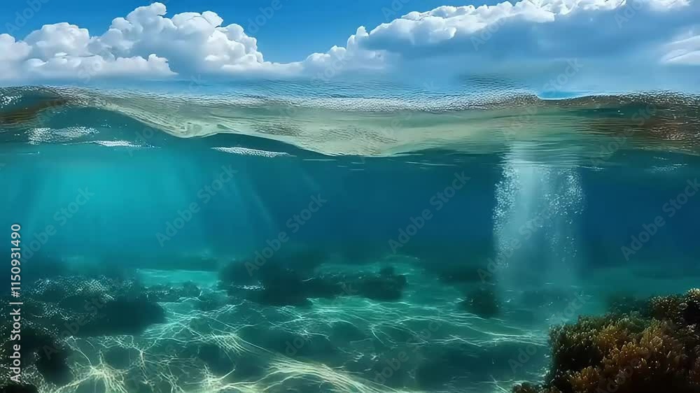 Beneath the surface: a tranquil underwater scene with vibrant coral and rays of sunlight. Beneath the surface: a tranquil underwater scene with vibrant coral and rays of sunlight.