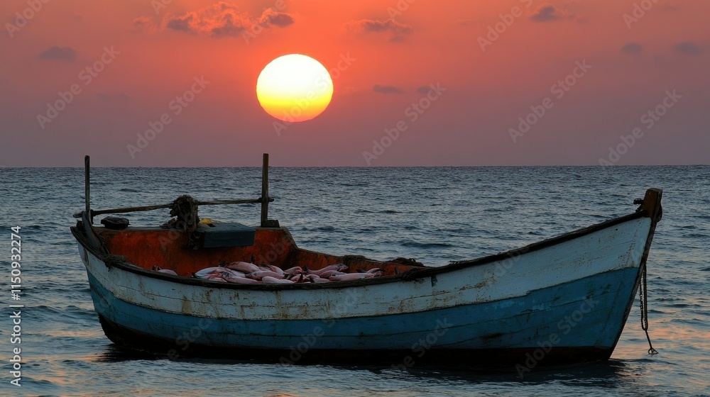 Sunset over ocean with fishing boat full of fish. Sunset over ocean with fishing boat full of fish.