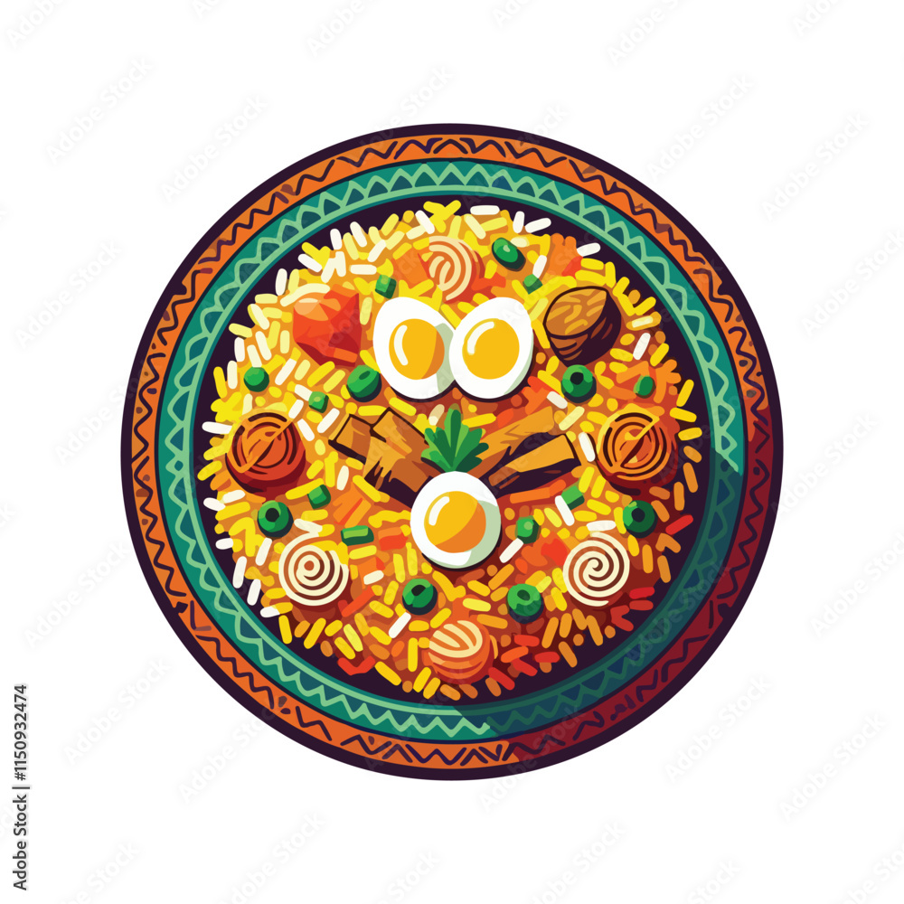 Biryani, showcasing colorful rice with chunks of meat, fried onions, and boiled eggs Biryani, showcasing colorful rice with chunks of meat, fried onions, and boiled eggs