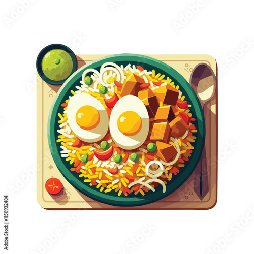 Biryani, showcasing colorful rice with chunks of meat, fried onions, and boiled eggs