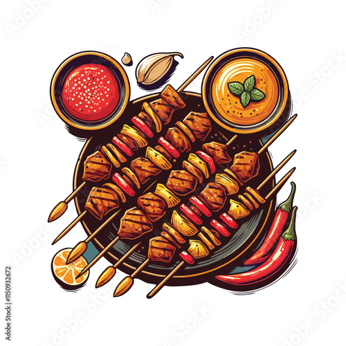 Skewered and grilled meat served with peanut sauce.