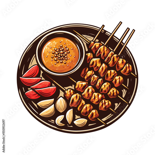 Skewered and grilled meat served with peanut sauce.