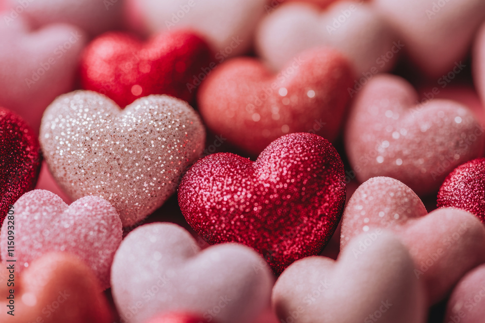 Fototapeta premium Sparkling pink and red hearts create romantic atmosphere for Valentines Day