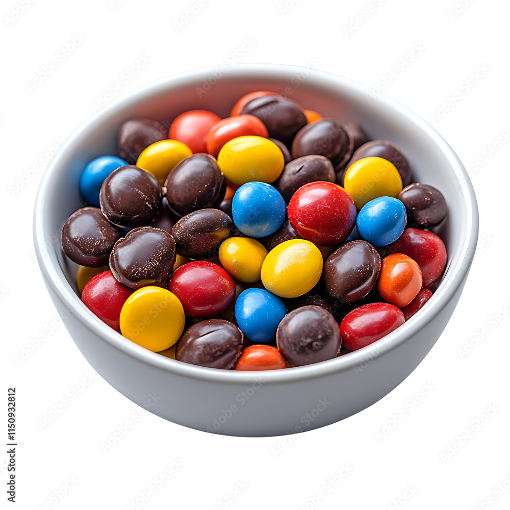 White Bowl with Colorful Candy-Coated Chocolates Isolated on White Background White Bowl with Colorful Candy-Coated Chocolates Isolated on White Background