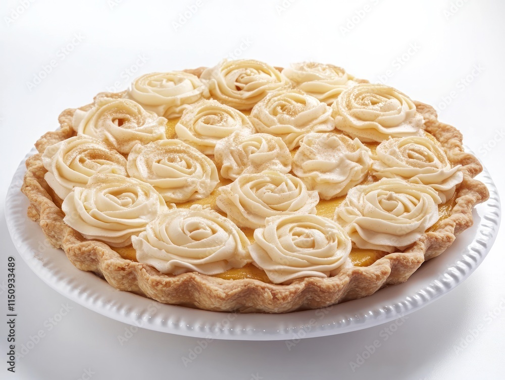 A decorative pie topped with rose-shaped cream, showcasing an elegant dessert presentation. A decorative pie topped with rose-shaped cream, showcasing an elegant dessert presentation.