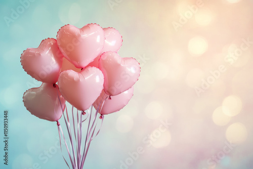 bunch of pink heart shaped balloons on pastel background creates joyful atmosphere photo