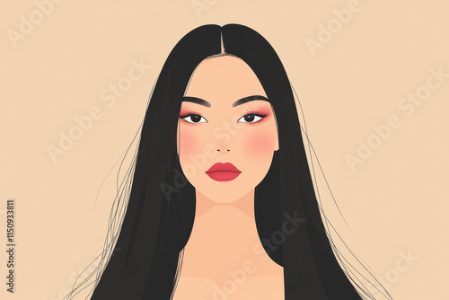 flat vector illustration of Asian woman with long black hair and bold makeup photo