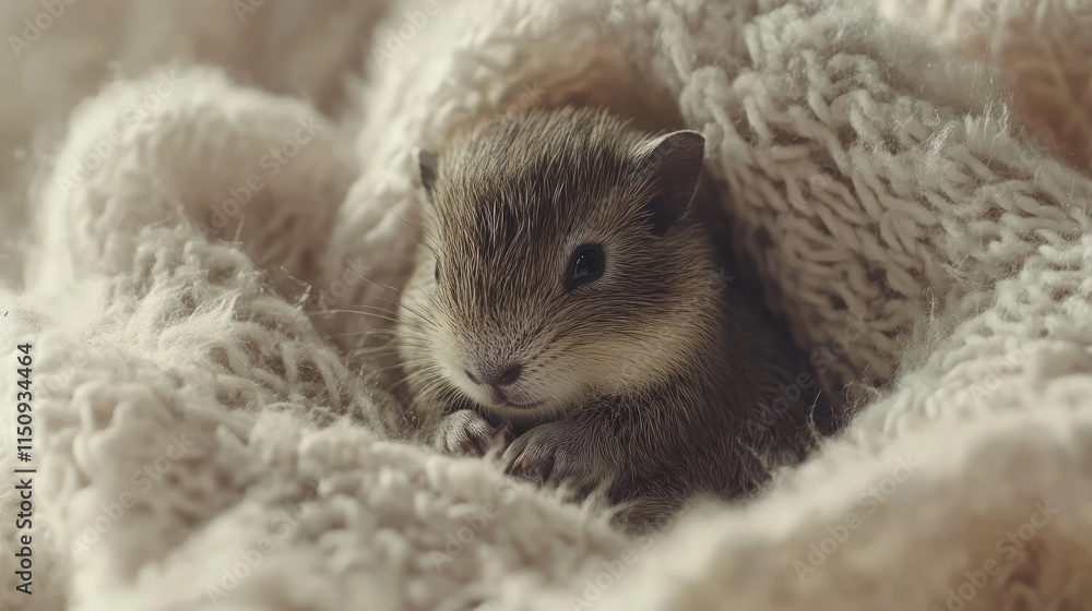 A small animal nestled in a cozy knitted blanket, exuding warmth and comfort. A small animal nestled in a cozy knitted blanket, exuding warmth and comfort.