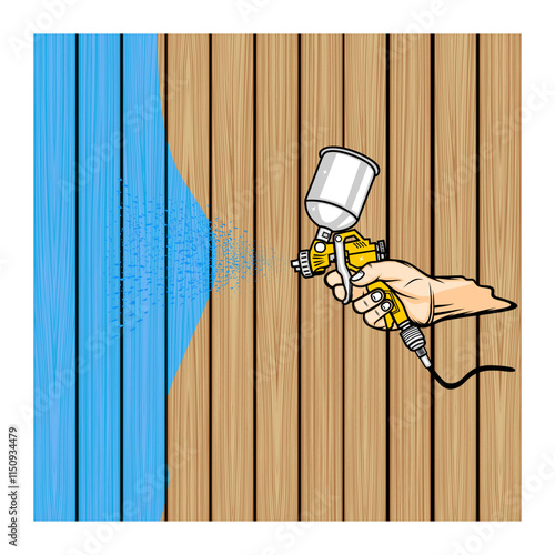 right hand holds a spray paint shot painting the wood vector illustration