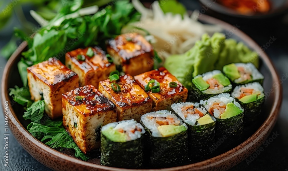 Artful vegan sushi platter with meat alternatives Artful vegan sushi platter with meat alternatives