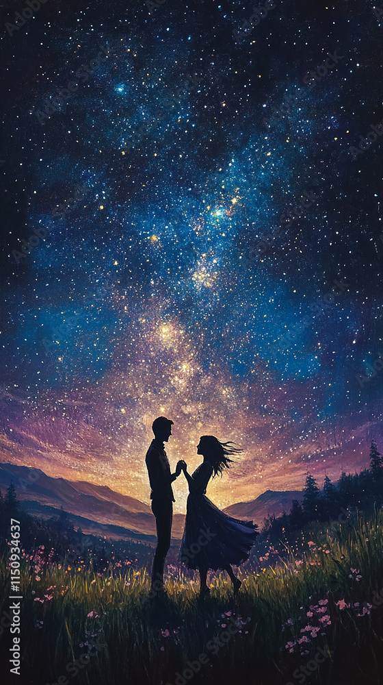 Fototapeta premium A couple dancing under the stars in an open meadow