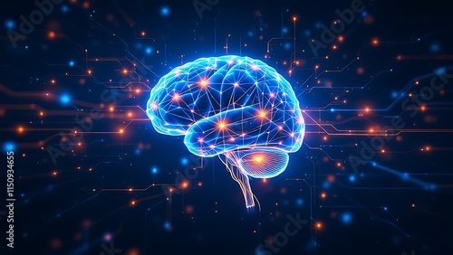 The image depicts a human brain with glowing connections, symbolizing the interconnectedness of thought and neural photo