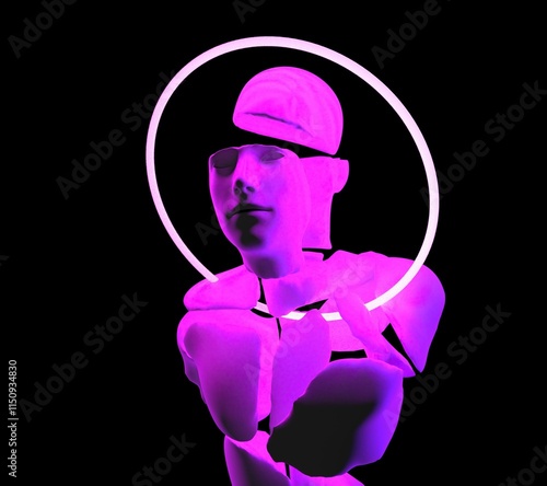 3D surrealistic illustration of a broken human statue in neon circular light. photo