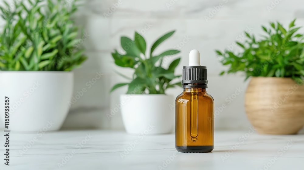 Essential oil dropper bottle surrounded by lush green plants minimalist aesthetic bright natural light Essential oil dropper bottle surrounded by lush green plants minimalist aesthetic bright natural light
