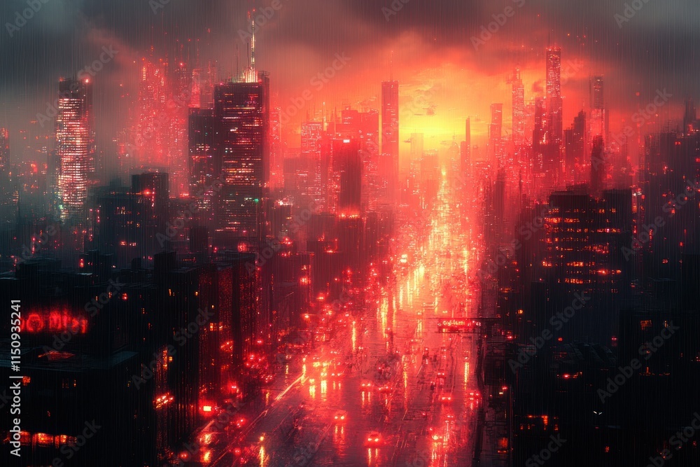 Obraz premium Rainy futuristic city, red lights, traffic.