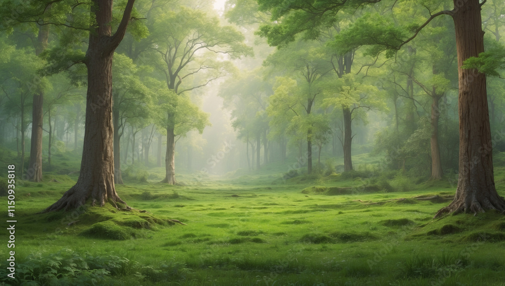 Naklejka premium A Serene Green Forest Scene Evoking Calmness and Tranquility