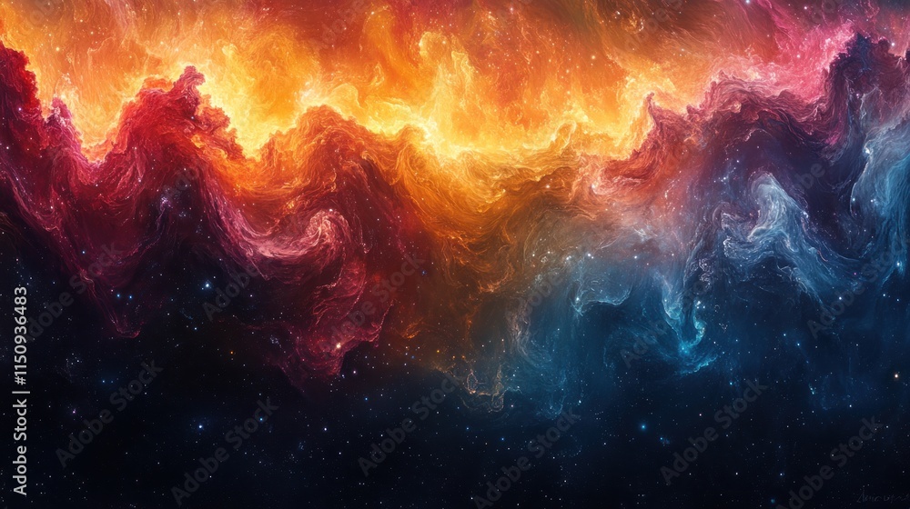 Cosmic nebula, fiery orange, cool blue.