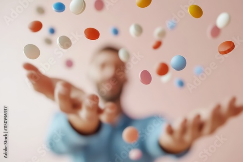 A pair of hands reaching for colorful candies that appear to be floating in the air, emphasizing desire, anticipation, and the aesthetics of motion and color. photo