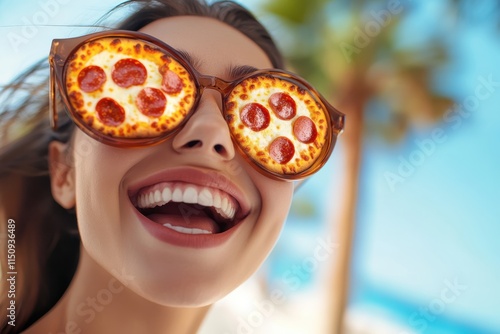 A young woman joyfully wears quirky sunglasses with pizza motifs, underlining themes of fun and creativity. The bright beach background hints at a carefree atmosphere. photo