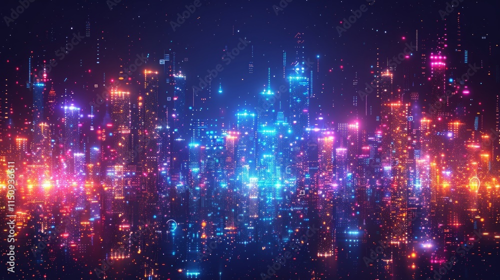 Futuristic city skyline at night, glowing with vibrant neon lights and digital particles. Futuristic city skyline at night, glowing with vibrant neon lights and digital particles.