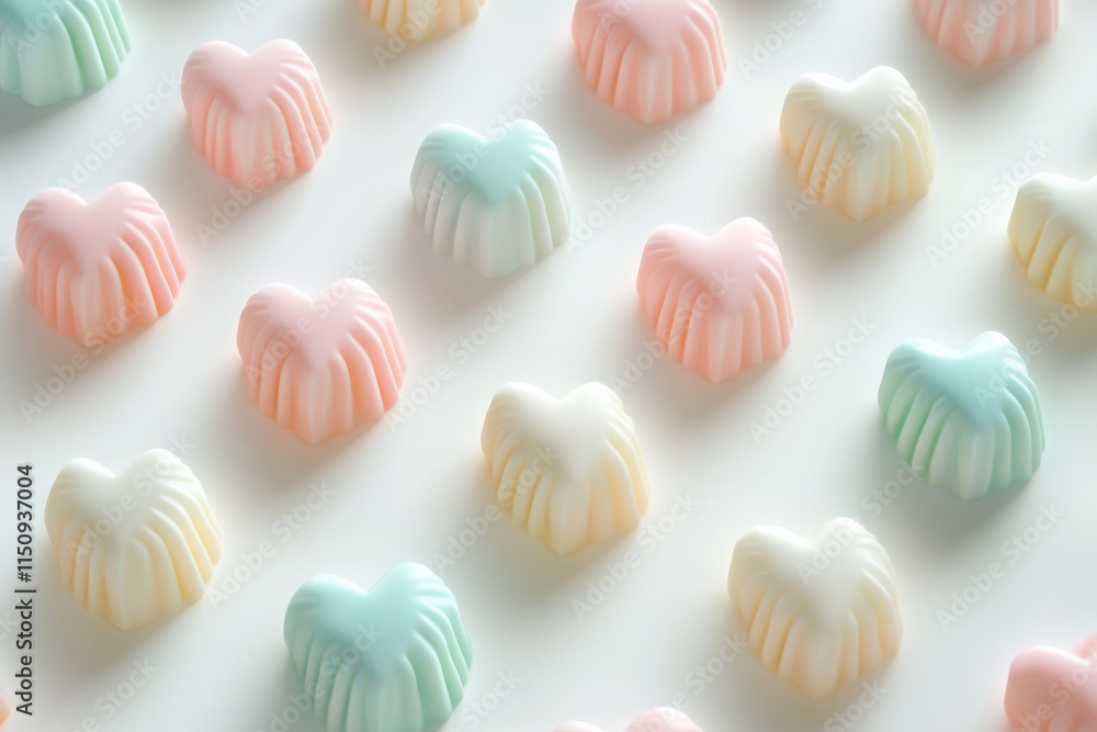 Delightful pastel colored heart shaped candies arranged in playful pattern Delightful pastel colored heart shaped candies arranged in playful pattern