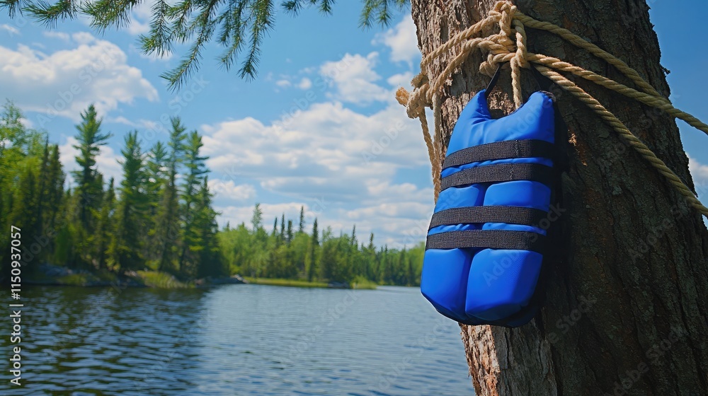 Obraz premium Bright Blue Life Jacket Hanging on a Tree by the Water with Lush Green Forest and Cloudy Sky in the Background, Perfect for Outdoor Safety and Recreation Themes