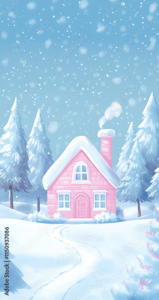 Fototapeta premium cute pink house in snow surrounded by tall trees creates whimsical winter scene