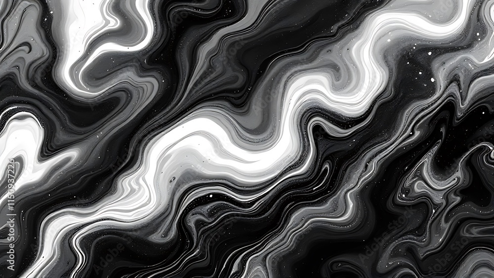 Fototapeta premium Beautiful Black and White Liquid Swirls with White Particles. Luxurious Art Wallpaper. Generative AI.