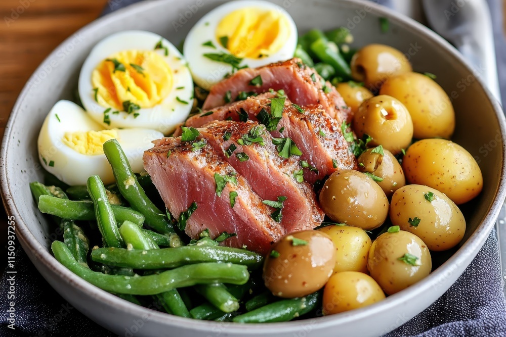 Tuna and egg salad brilliantly displayed with vibrant green beans and olives, arranged thoughtfully on a plate, highlighting delightful culinary appeal and freshness. Tuna and egg salad brilliantly displayed with vibrant green beans and olives, arranged thoughtfully on a plate, highlighting delightful culinary appeal and freshness.
